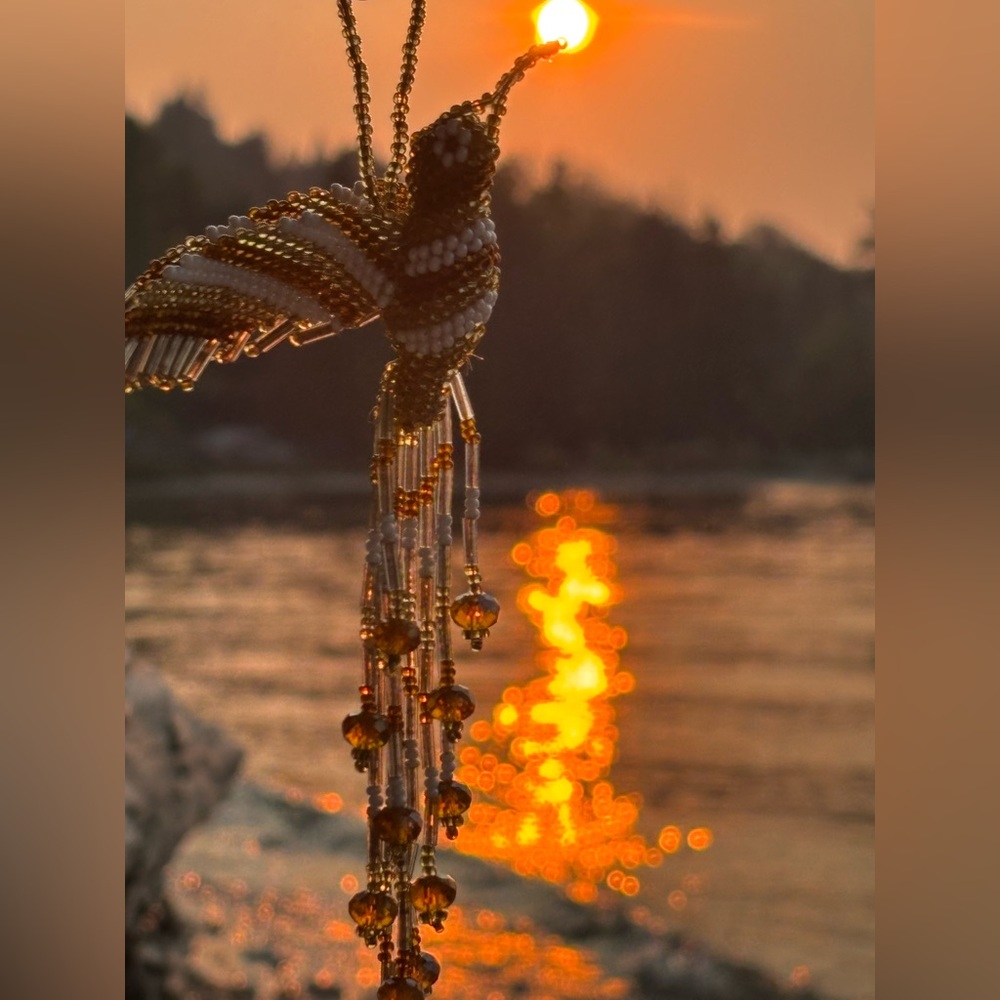 Hand Crafted Artisan Beaded Hummingbird Earth Tone Hanging Ornament Decoration